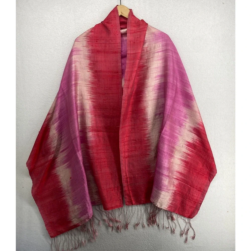 Raw Silk Scarf Textured Weave Tie Dye Fringed Ikat Rectangular Wrap Shawl Red